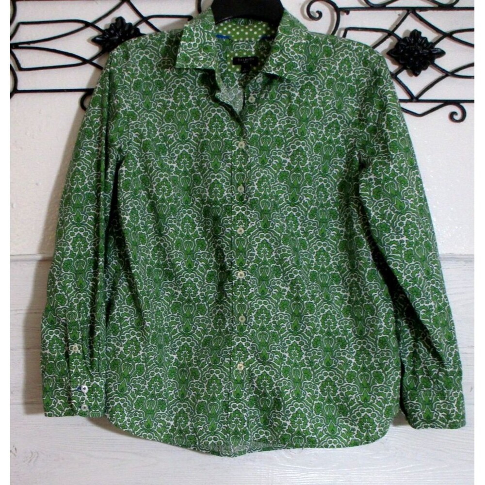 Talbots Button Up Women's Top Size LP Green Floral Long Sleeve